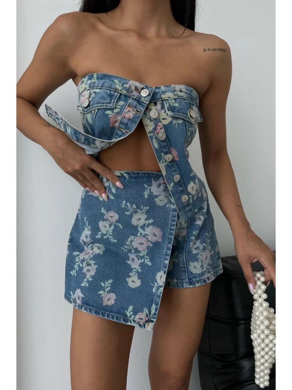 Piral Medium Wash Flower Print Denim Set Button-Up Top & Skort, Size Small